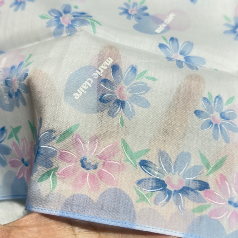 Floral Blue and Pink Scarf/ Handkerchief Cotton 18/18 inches - Picture 5 of 7